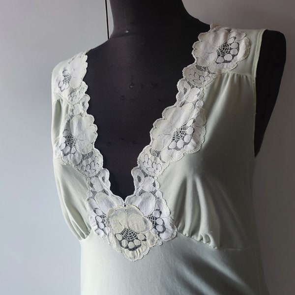 Vintage long nightgown, light green nylon night gown Sleeveless deep V neck bust  38" size  M/ L