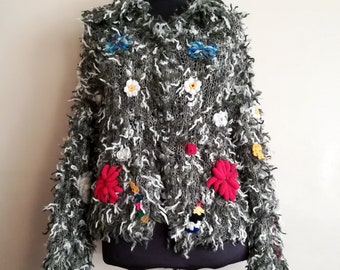 Women's Boho Knit Jacket, Flower Sweater Cardigan, Floral Embroidered Knitted Sweater,
