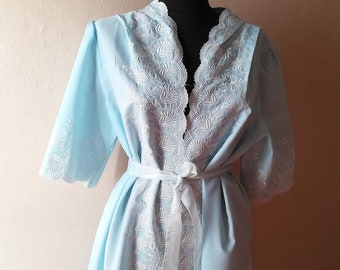 Vintage nightgown set unmatched pale blue floral long nightgown robe set peignoir set XL