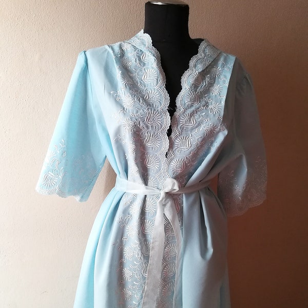 Vintage nightgown set unmatched pale blue floral long nightgown robe set peignoir set XL