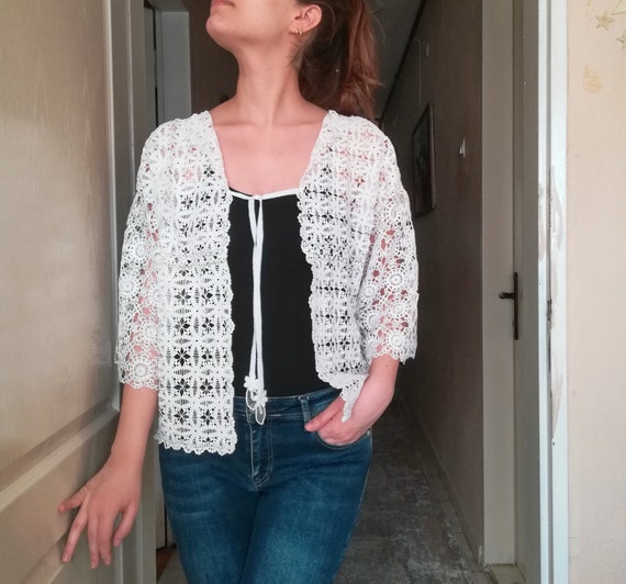 boutiqueseragun Ladies Crochet Cardigan Sweater White Lace Cardigan Long Sleeve Women's Lace Jacket Size L