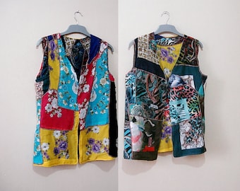Patchwork Vest, Colorful jacket, reversible vest with no buttons collage clothing Hippie Shirt
