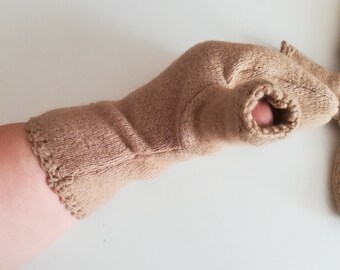 Beige sweater mittens for women Wool mittens with Thumb recycled Upcycled sweater mittens Medium