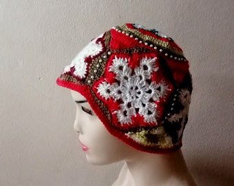 Colorful hand knit beanie, snowflake Christmas hat, granny square beanie