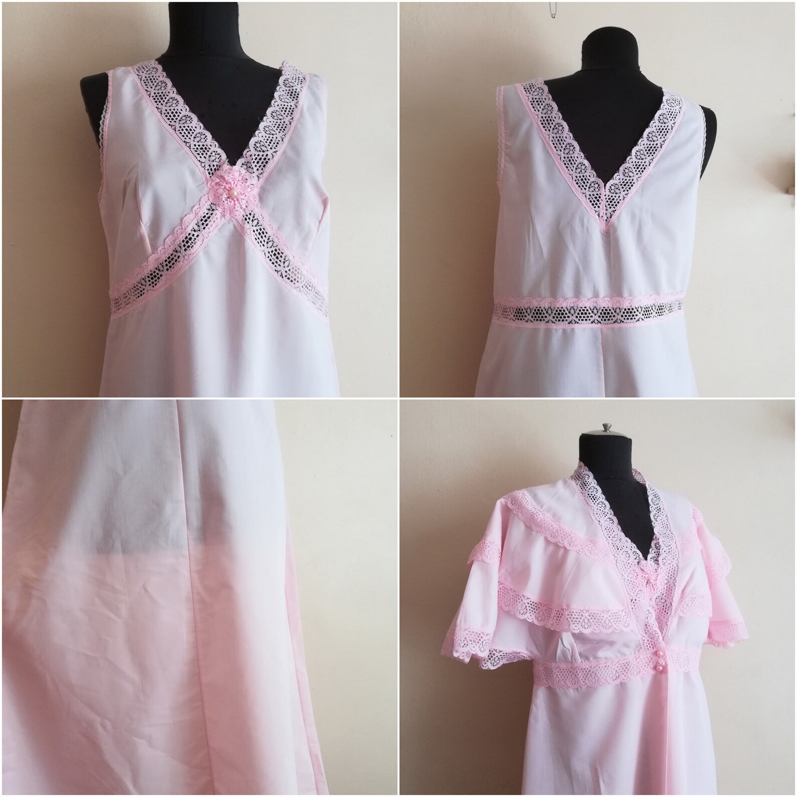 Vintage Peignoir Set Pink Cotton Robe Victorian Nightgown Set, Angel ...