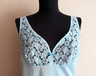 Pale blue Vintage Nylon Lace full slip dress,  60s Lingerie slip