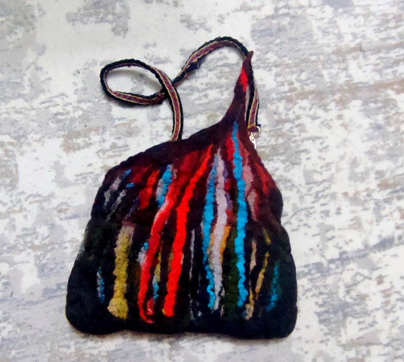 Black Felted purse rainbow felted handbag, needle felt crossbody women's purse eco friendly image 10
