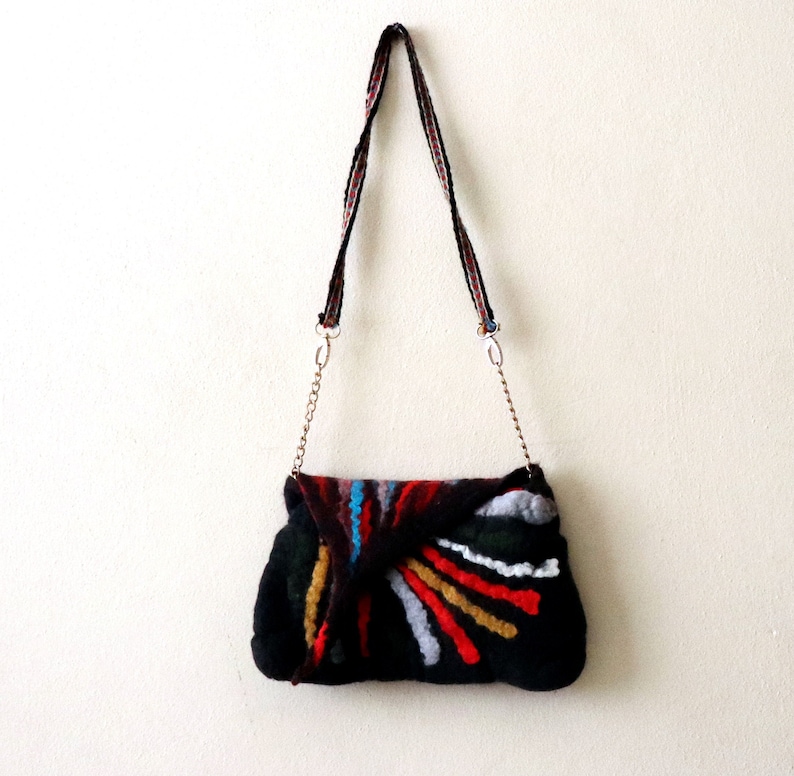 Black Felted purse rainbow felted handbag, needle felt crossbody women's purse eco friendly image 4