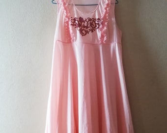 Vintage women's nightgown 1960’s pink nightie nylon night gown short lingerie dress