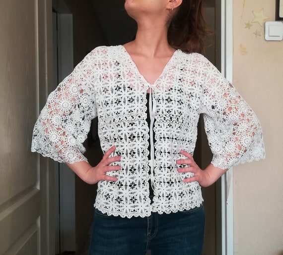 boutiqueseragun Ladies Crochet Cardigan Sweater White Lace Cardigan Long Sleeve Women's Lace Jacket Size L