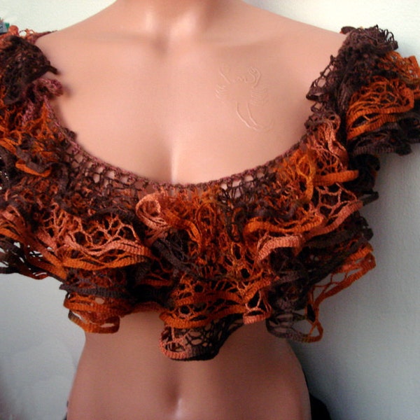 Knit Ruffled Scarf Fall autumn colors orange and brown mixed knitting Scarflette Shoulder Wrap