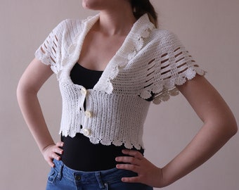 Crochet Shrug Sweater Vest, Vintage Clothing 90s  Button Up Sleeveless Sweater Small/Medium  waistcoat