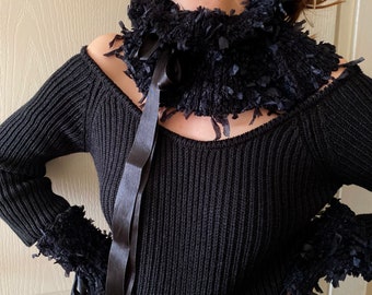 Mock Turtleneck Knitted cowl collar abd wrist cuffs, matching black collar and wrist cuff set