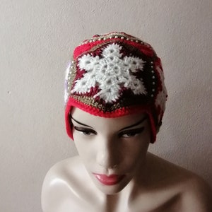 Bunte handgestrickte Beanie, Schneeflocke Weihnachtsmütze, Oma quadratische Beanie snowflake hat