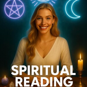 Op de afbeelding: Afbeelding voor spirituele readings met een lachende persoon met blond haar. Neon symbolen van een ster, oog en maan staan boven de persoon. De tekst luidt "SPIRITUAL READING" en "NO FLUFF. JUST TRUTH."