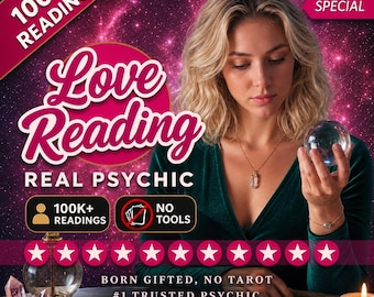 May include: A promotional graphic for a psychic service featuring text that reads 100K+ READINGS, Love Reading, REAL PSYCHIC, NO TOOLS, BORN GIFTED, NO TAROT, #1 TRUSTED PSYCHIC, and SWIPE FOR PROVEN TRACK RECORD, alongside a person holding a crystal ball.