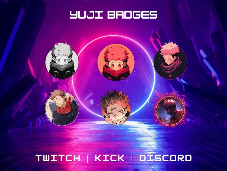 May include: Six round badges featuring a cartoon character with red hair and a red scarf. The badges are arranged in a circle with the text 'YUJII BADGES' above them. The text 'TWITCH | KICK | DISCORD' is below the badges.