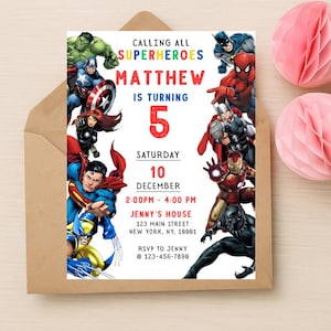 Superhero Birthday Invitation Editable Template, Avengers superhero digital invitation, super hero invitation card instant download