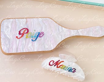 Personalized name hair brush with rainbow rhinestone customized gift for her bridesmaids gift birthday gift for her party favor pride