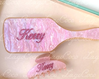 Personalized name hair claw with brush custom rhinestone name hair claw clips bling barrette hair clip gift set for her bridesmaid gift set