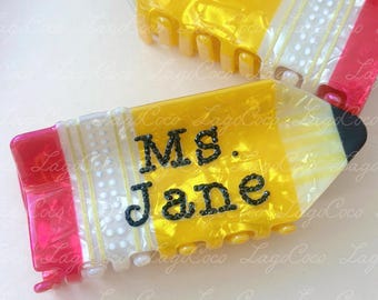 Pencil hair clip claw Gift for teacher day gift Personalized Rhinestone name customized gift for teacher hair claw clip barrettes
