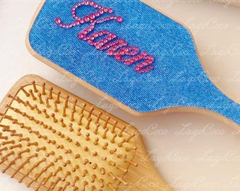 Denim style Personalized name hair comb brush with rhinestone customize gift for her bridesmaids gift for birthday Mother’s Day gift for mom