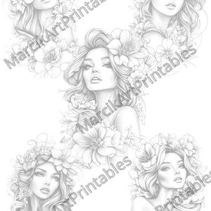 May include: Five black and white line drawings of women with flowers in their hair. The women are drawn in a realistic style with detailed features and flowing hair. The flowers are also drawn in detail and are arranged around the women's heads in a variety of ways.
