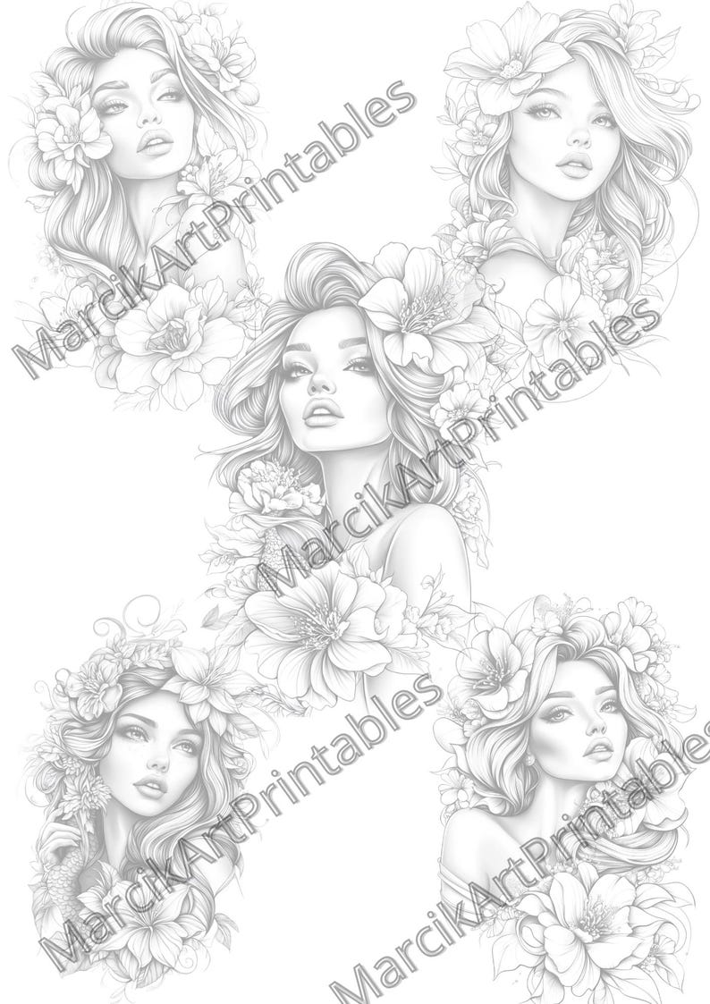 May include: Five black and white line drawings of women with flowers in their hair. The women are drawn in a realistic style with detailed features and flowing hair. The flowers are also drawn in detail and are arranged around the women's heads in a variety of ways.