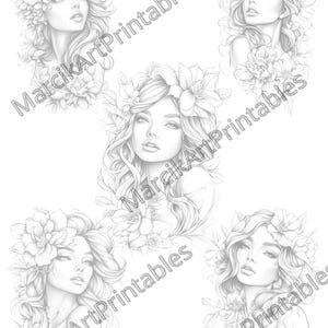 May include: Five black and white line drawings of women with flowers in their hair. Each woman has a different hairstyle and floral arrangement. The drawings are in a simple, elegant style.