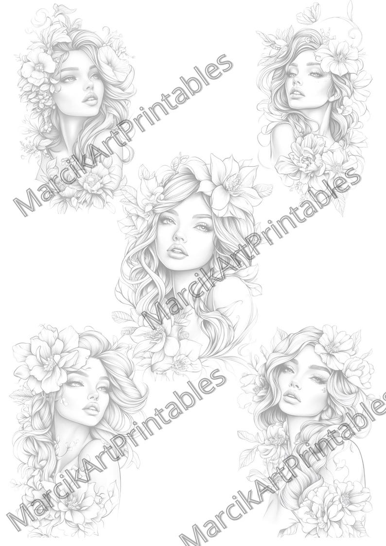 May include: Five black and white line drawings of women with flowers in their hair. Each woman has a different hairstyle and floral arrangement. The drawings are in a simple, elegant style.