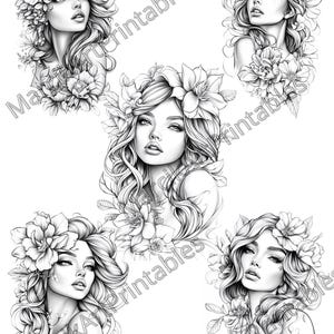 May include: Four black and white line drawings of women with flowers in their hair. Each woman has a different hairstyle and floral arrangement.