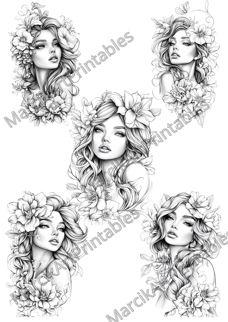 May include: Four black and white line drawings of women with flowers in their hair. Each woman has a different hairstyle and floral arrangement.