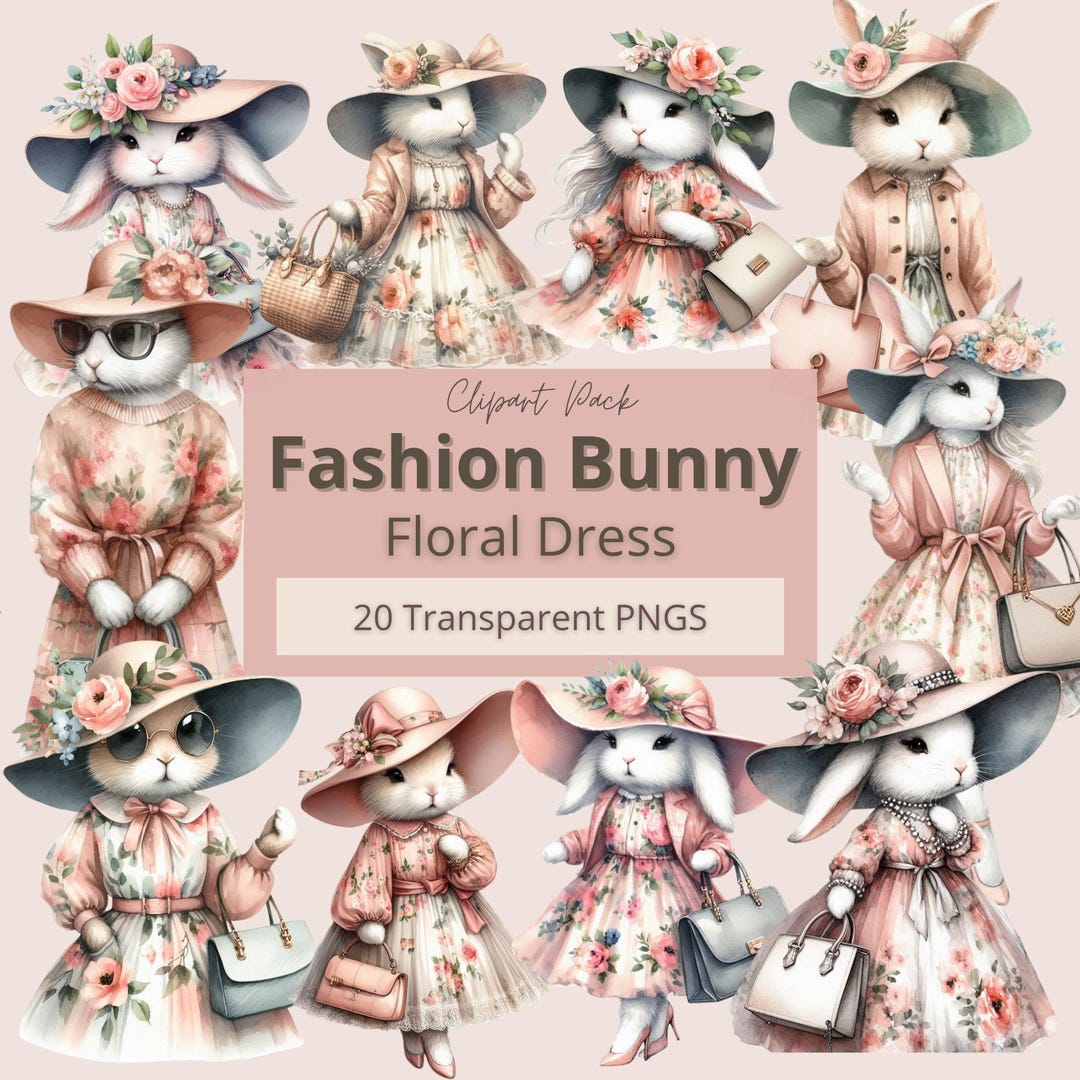 Fashion Bunny, 20 PNG-PDF, Floral Dresses, Cute Watercolor Clipart ...