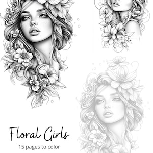 Può includere: Tre disegni in bianco e nero di donne con corone di fiori. Il testo "Floral Girls" e "15 pagine da colorare" si trova sotto le immagini. Il testo "Download immediato" si trova nella parte inferiore dell'immagine.