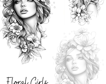 Elegant Women & Flowers Coloring Book - Digital Download, Floral Hair Designs, Stress Relief, Printable PDF for Adults