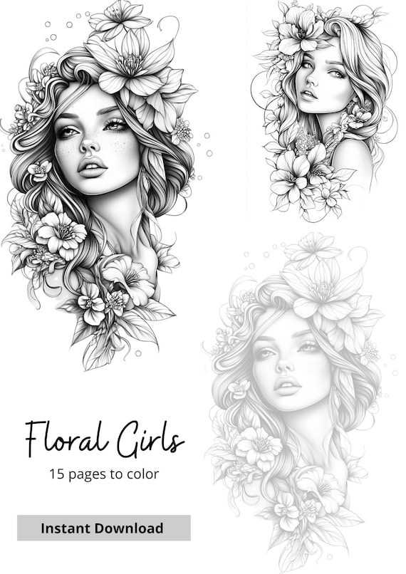 Elegant Women & Flowers Coloring Book - Digital Download, Floral Hair Designs, Stress Relief, Printable PDF for Adults