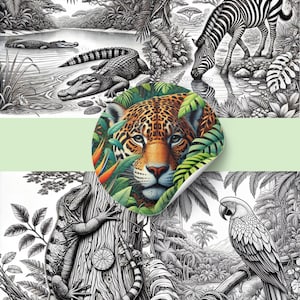 20 Jungle Animals Coloring Book, Printable Jungle Coloring Pages, Grayscale Coloring Book for Adults and Kids, Cute Jungle Animals