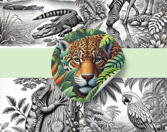20 Jungle Animals Coloring Book, Printable Jungle Coloring Pages, Grayscale Coloring Book for Adults and Kids, Cute Jungle Animals