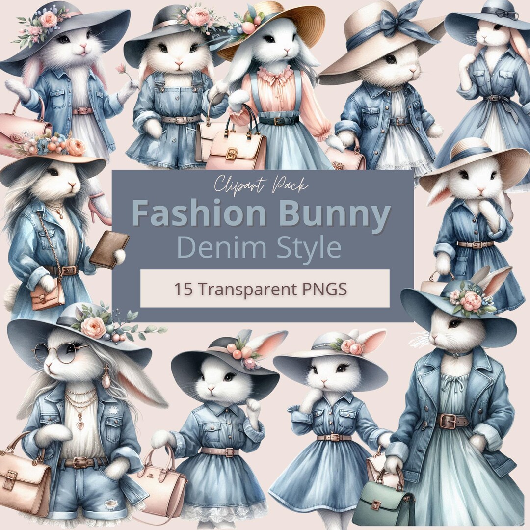 Fashion Bunny, 15 PNG-PDF, Denim Style, Cute Watercolor Clipart ...