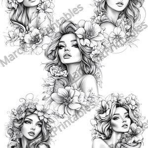May include: Four black and white line drawings of women with flowers in their hair. The women are drawn in a realistic style with detailed features and flowing hair. The flowers are also drawn in detail and are arranged around the women's heads in a variety of ways.