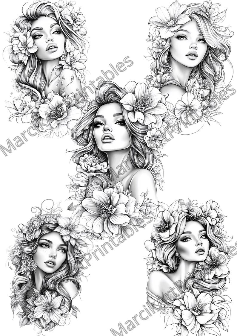 May include: Four black and white line drawings of women with flowers in their hair. The women are drawn in a realistic style with detailed features and flowing hair. The flowers are also drawn in detail and are arranged around the women's heads in a variety of ways.