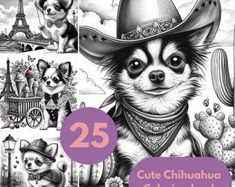 25 Chihuahua Coloring Pages, for Adults and Kids, Instant Download, Printable PDF, Dog lovers, Grayscale Coloring Book