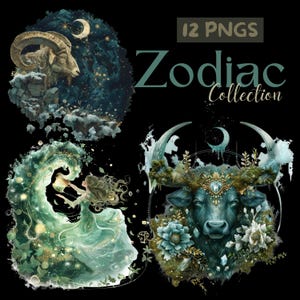 Ensemble d'images clipart du zodiaque – 12 signes mystiques en vert émeraude | Art numérique astrologique | Horoscope céleste imprimable, clip art, scrapbooking