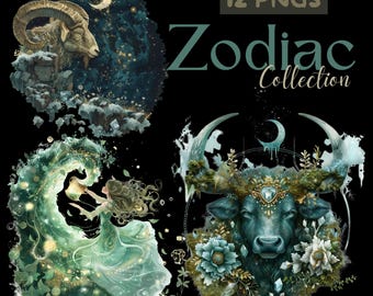 May include: Digital art featuring zodiac signs. The image includes illustrations of a ram, a woman in a flowing green dress, and a bull. The text "12 PNGS Zodiac Collection" is displayed in teal. The background is black.