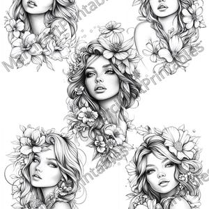 May include: Four black and white line drawings of women with flowers in their hair. Each woman has a different hairstyle and floral arrangement.