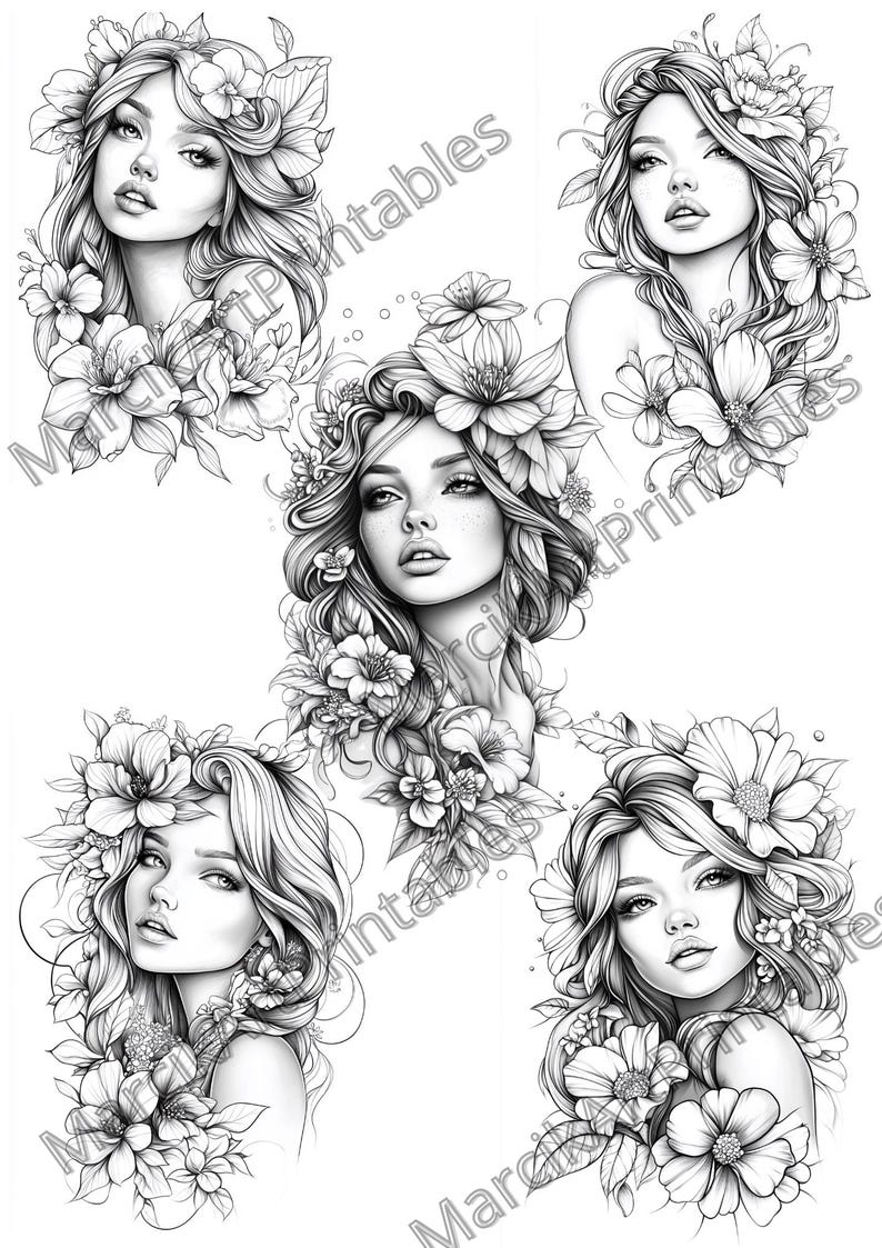 May include: Four black and white line drawings of women with flowers in their hair. Each woman has a different hairstyle and floral arrangement.