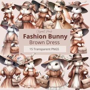 Può includere: Pacchetto di clipart con 15 illustrazioni di coniglietti alla moda in abito marrone. Ogni coniglietto indossa un abito marrone e un cappello diversi, e alcuni tengono una borsa. Le illustrazioni sono in stile acquerello e hanno un'atmosfera fantasiosa.