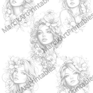 May include: Four black and white line drawings of women with floral crowns and floral designs around their faces and shoulders.
