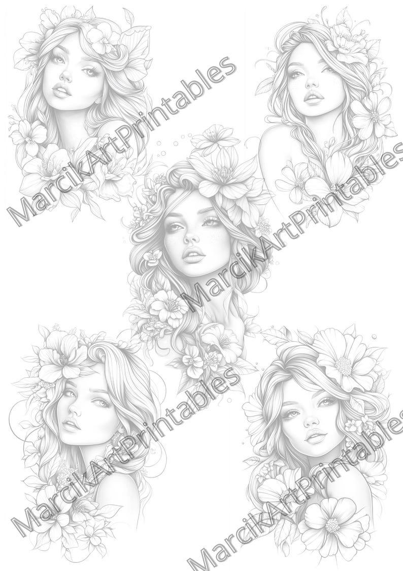 May include: Four black and white line drawings of women with floral crowns and floral designs around their faces and shoulders.
