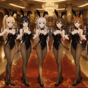 May include: Six anime-style figures standing in a row, each wearing a black leotard, sheer black tights, a black bow tie, and a black bunny ear headband. The figures have various hair colors including blonde, black, white, brown, and auburn, and are posed with arms outstretched in a casino setting.